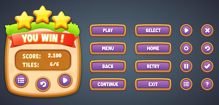 Vector botones de interfaz de juego de dibujos animados con iconos de efecto de texto editables