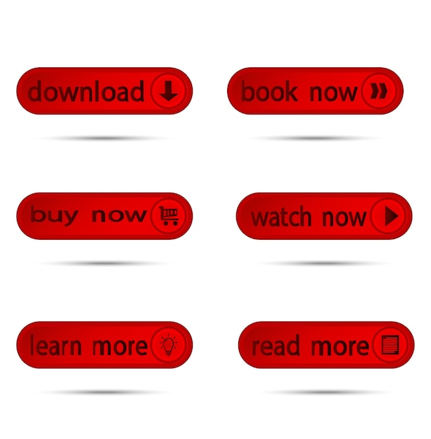 Botones de Internet. Conjunto de botones web rojos. Descargar. Reservar ahora. Compra ahora. Ver ahora. Aprende más. Lee mas. Botón rojo moderno con sombra para el sitio web y la interfaz de usuario. Iconos de Internet aislados sobre fondo blanco