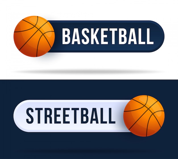 Botones de interruptor de palanca de baloncesto o streetball. Ilustración con pelota de baloncesto y botón web con texto