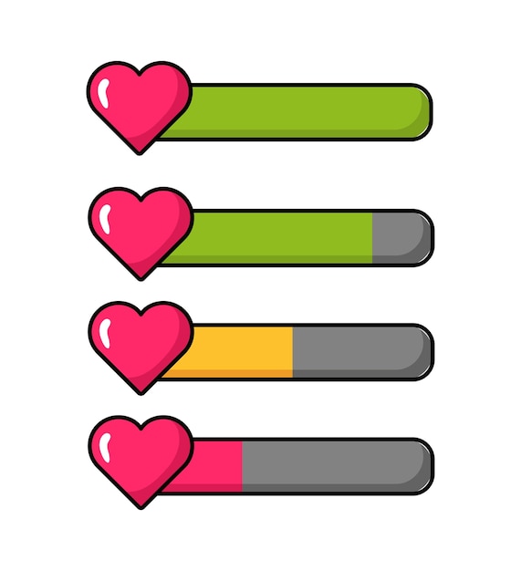 Botones de juego en estilo retro conjunto Barras de salud con progreso Corazón con escalas verdes amarillas y rojas Interfaz para software móvil Colección de vectores planos de dibujos animados aislados en fondo blanco