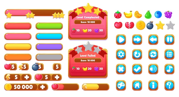 Botones de juego ui aplicación móvil o elementos de interfaz de juego barra de progreso de diseño colorido de dibujos animados