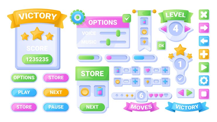 Vector botones de juego ui aplicación móvil o elementos de interfaz de juego barra de progreso de diseño colorido de dibujos animados