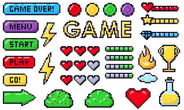 Vector botones de juegos de píxeles juegos ui controlador de juegos flechas y botones de píxeles de bits conjunto de elementos de juego de píxeles