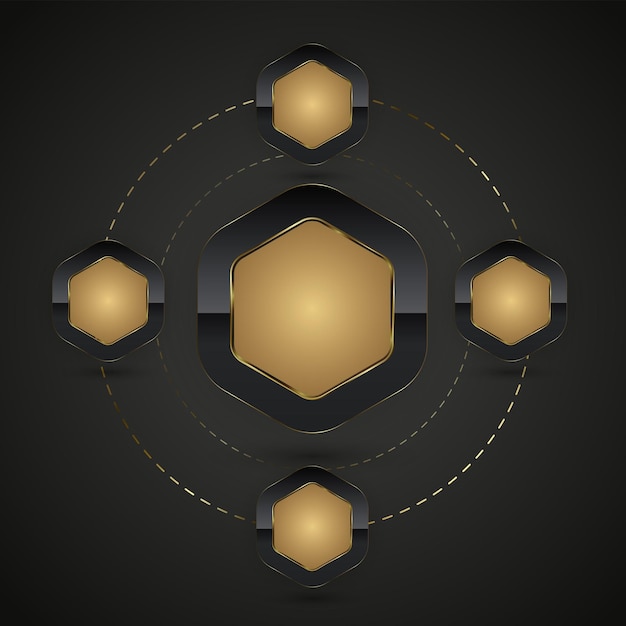 Botones de lujo de formas hexagonales con ilustración de vector de marco dorado con SET de gráfico dorado