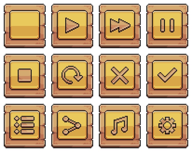 Botones de madera de arte de píxeles para el icono de vector de interfaz de juego y aplicación para juego de 8 bits sobre fondo blanco