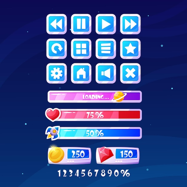 Botones del menú del juego espacial Iconos interactivos que permiten a los jugadores navegar a través de diferentes opciones, como iniciar un juego, ajustar la configuración, acceder al inventario y salir del conjunto de vectores