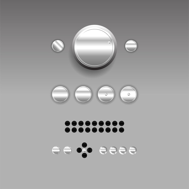 Vector botones metálicos 3d, ilustración 3d plateada metálica.