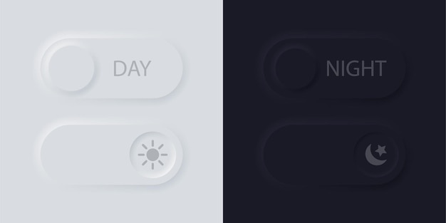 Vector botones de modo diurno y modo nocturno en estilo de diseño neumórfico