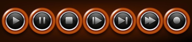Botones multimedia Botones negros con marco de madera Clipart vectorial aislado en fondo oscuro
