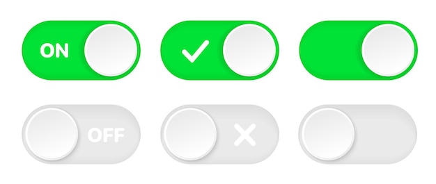 Vector botones o iconos de interruptor de encendido y apagado abrir y cerrar botones de ux de interfaz de usuario activos e inactivos para la aplicación
