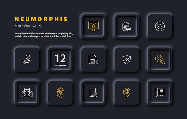 Botones de rechazo para el icono del conjunto de sitios web Gestión de documentos computadora portapapeles escudo de mano cruzado lupa premio de correo electrónico insignia teléfono puntero Concepto de tecnología Neomorfismo Icono de línea vectorial