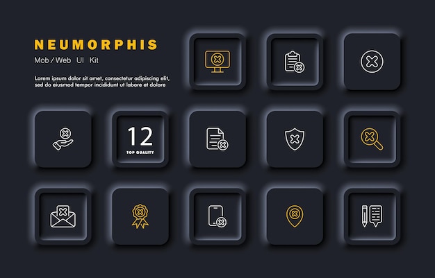 Botones de rechazo para el icono del conjunto de sitios web gestión de documentos computadora portapapeles escudo de mano cruzado lupa premio de correo electrónico insignia teléfono puntero concepto de tecnología neomorfismo icono de línea vectorial