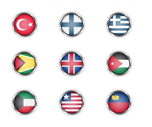Vector botones redondos de acero con banderas de países de turquía, finlandia, grecia, guyana, islandia, jordania, kuwait, liberia y liechtenstein