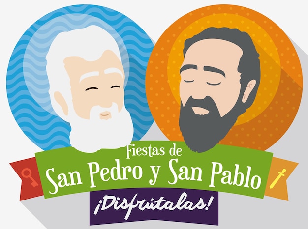 Botones redondos con caras de San Pedro y San Pablo para la Fiesta en estilo plano y sombra larga