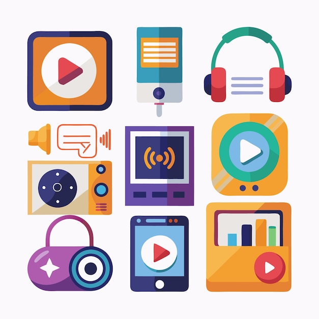 Botones de reproducción coloridos e íconos de dispositivos de medios