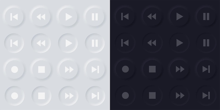 Vector botones suaves del reproductor multimedia en estilo de diseño neumorfico