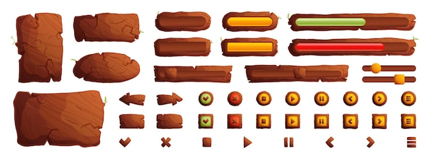 Botones y tablas de madera para la interfaz de usuario del juego elementos gui aislados en fondo blanco conjunto de dibujos animados vectoriales de pancartas de madera marrones botones y flechas de menú para juegos móviles