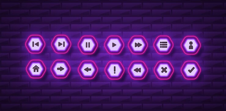 Vector botones con textura de neón e iconos para el sitio web multimedia del juego y otros