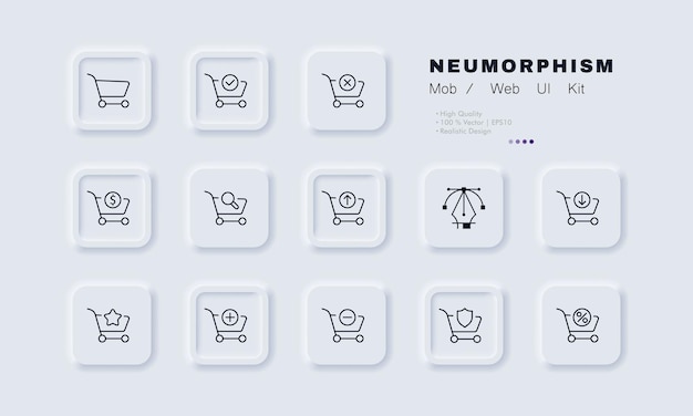 Botones para la tienda en línea con carros de la compra establecer icono Porcentaje escudo más menos agregar quitar estrella flecha lupa dólar cruz marca Venta concepto Neomorfismo Vector icono de línea para negocios