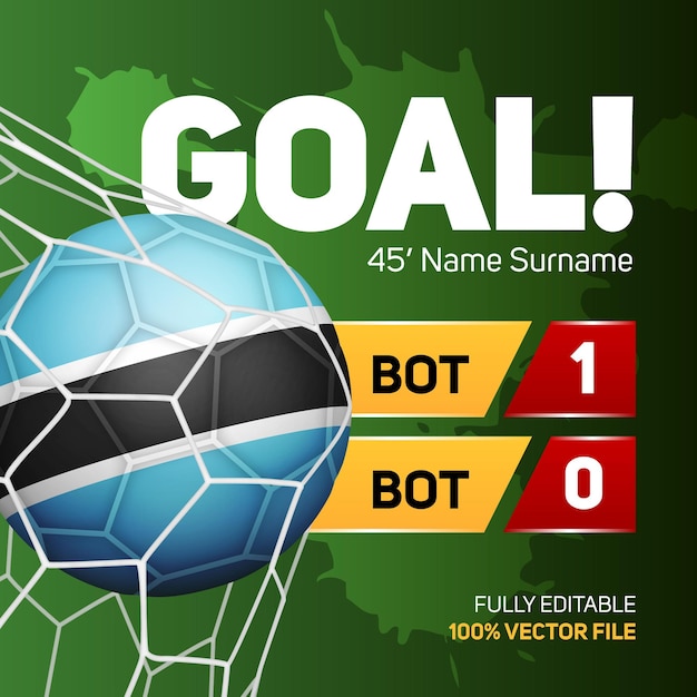 Vector botswana bandera fútbol fútbol pelota maqueta puntuación gol marcador banner 3d vector ilustración