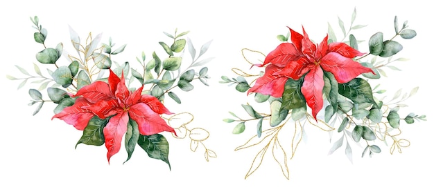 Bouquet de Navidad de eucalipto y poinsettia Ilustración de acuarela pintada a mano