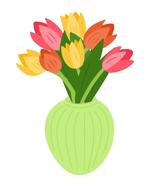 A bouquet of colorful tulips in a green vase