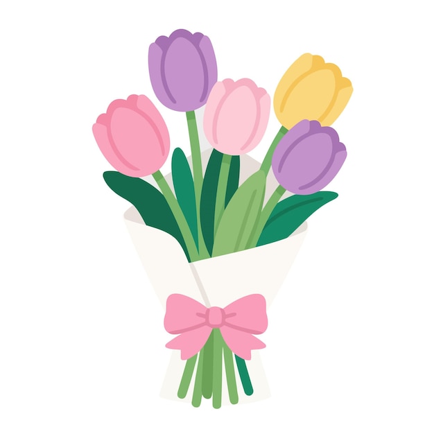 Bouquet of colorful tulips with a pink ribbon