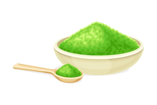 Bowl and spoon of spirulina powder Eco healthy dietary supplement vector illustration