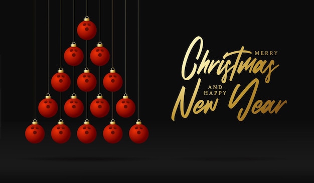 Bowling árbol de adorno de tarjeta de felicitación de navidad y año nuevo. árbol de navidad creativo hecho por bola de boliche sobre fondo negro para la celebración de navidad y año nuevo. tarjeta de felicitación deportiva