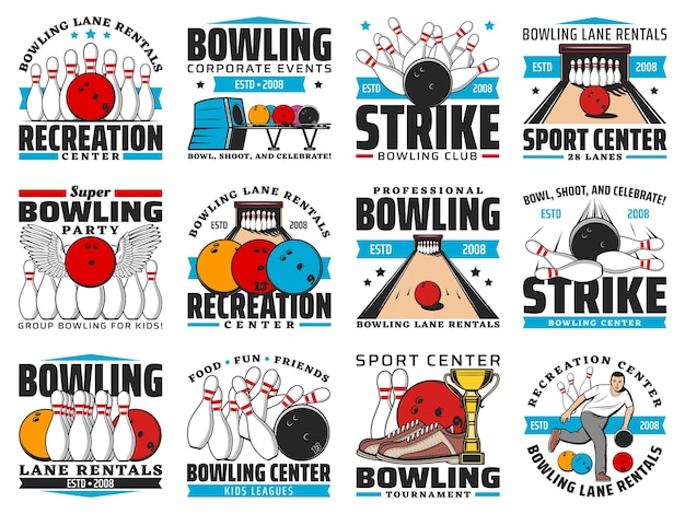 Bowling club torneo strike pins bolas iconos