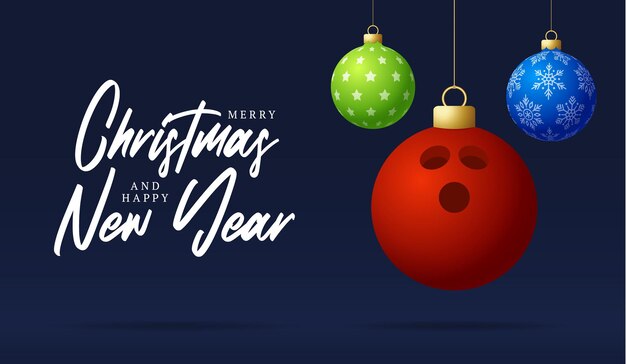 Bowling Feliz Navidad y Feliz Año Nuevo Tarjeta de felicitación de deportes de lujo. bola de boliche como una bola de Navidad en el fondo. Ilustración vectorial.
