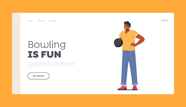 Bowling fun landing page template personaje masculino pasar tiempo el fin de semana jugando bowling man hold ball en bowling club