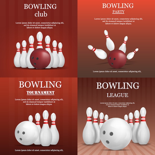 Bowling kegling banner concepto conjunto