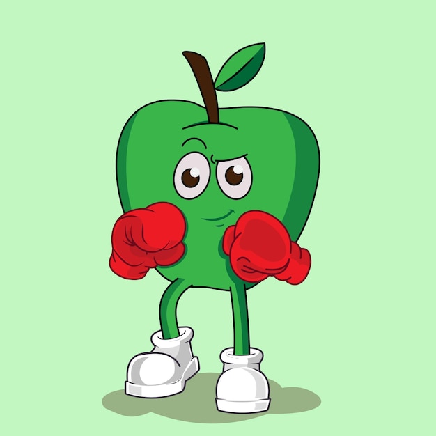 boxeador, manzana, fruta, carácter, caricatura, mascota, vector