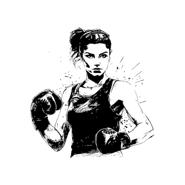 Boxeadora en acción dibujo de tinta estilo dibujado a mano diseño de ilustración vectorial