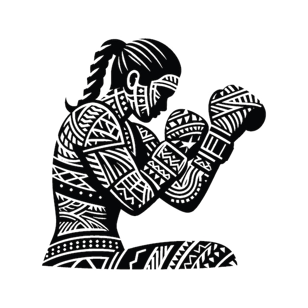 Boxeo Kickboxing jugadora femenina en la polinesia étnica patrón ilustración emblema insignia de escudo