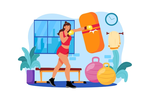 Vector boxeo de mujer fuerte muscular en el concepto de ilustración de gimnasio sobre fondo blanco