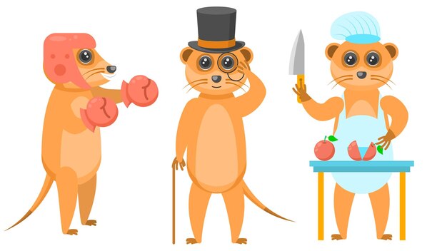 Boxeo de suricatas, en un sombrero de copa y con un bastón, el chef corta verduras con un vector de cuchillo