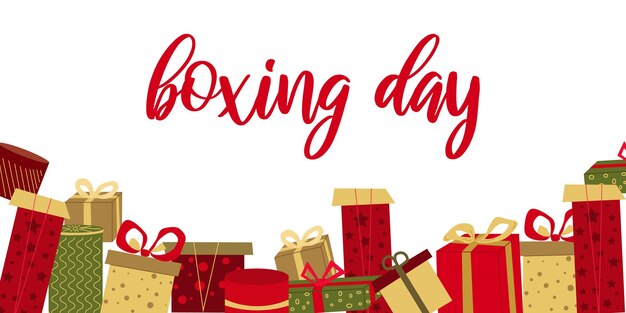 Boxing Day Banner horizontal Color Cajas navideñas Muchas cajas de regalo de colores sobre un fondo blanco Diseño tarjetas de felicitación Fiesta Navidad cumpleaños Ilustración vectorial