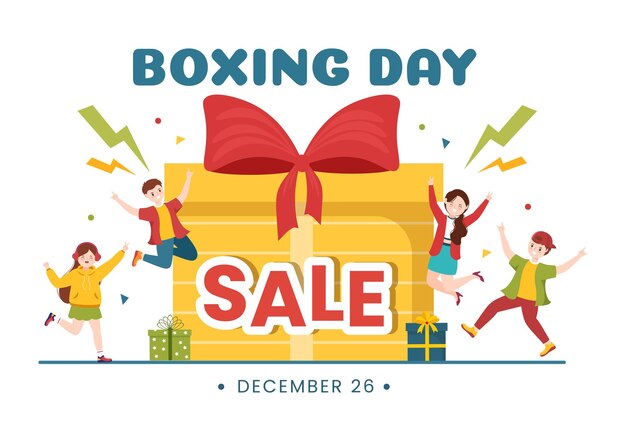 Boxing Day Sale Ilustración dibujada a mano con guante y caja de regalo para promoción o concepto de compras