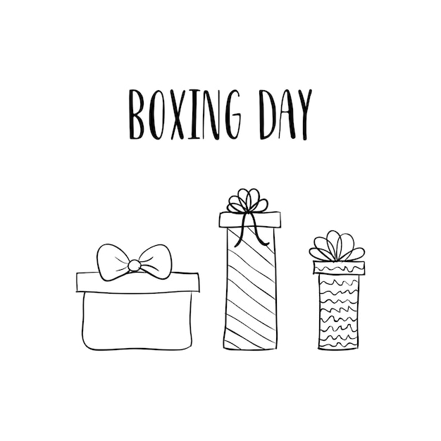 Boxing day tarjeta vectorial con cajas de regalo dibujadas a mano