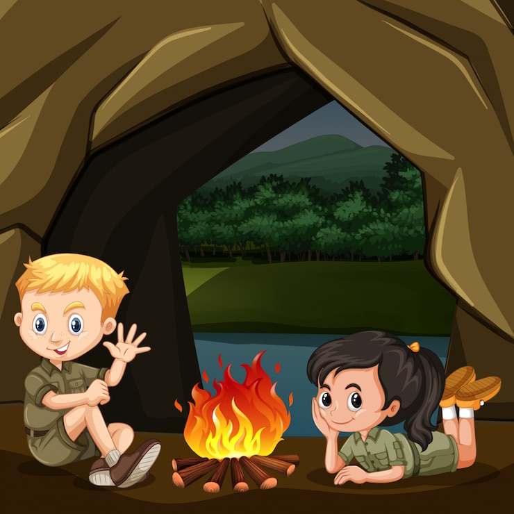 Vector boy and girl scout están jugando en el bosque