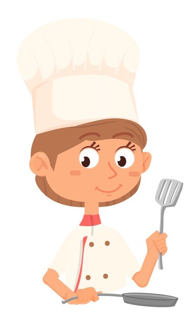 Boy chef cocinando comida con sartén y espátula aislado sobre fondo blanco.