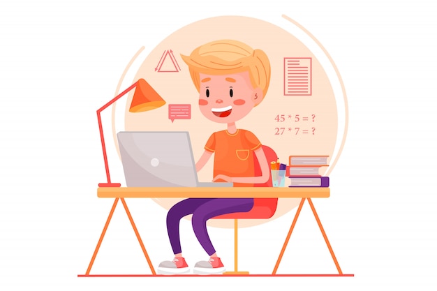 Boy está estudiando en línea con la computadora portátil junto a la mesa en casa. Ilustración plana para sitios web sobre fondo blanco aislado. Cuarentena quedarse en casa pandemia