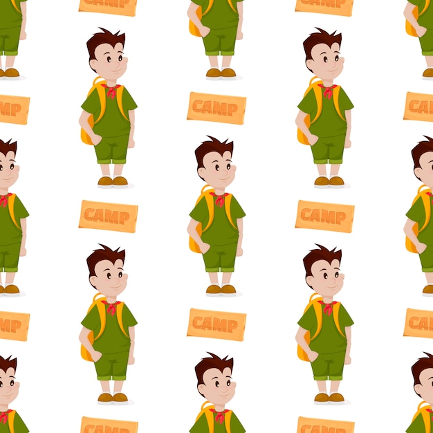 Boy scout de patrones sin fisuras campamento al aire libre naturaleza niño scouting vector