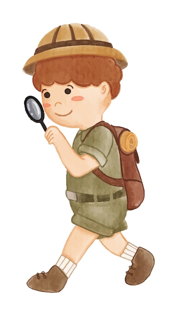 Boy scout con traje de senderismo mira a través de una lupa Pintura de acuarela realista con textura de papel Diseño de personajes de dibujos animados Vector
