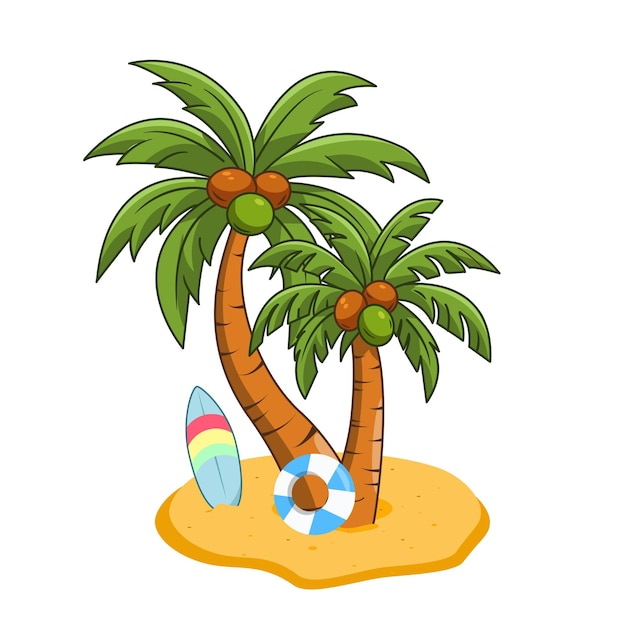 La boya de la playa de los árboles de coco en las arenas y la tabla de surf en la ilustración vectorial de la isla del paraíso