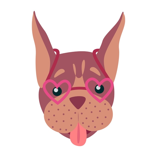 Bozal de un perro con gafas en forma de corazón Perro mascota con gafas rosas Ilustración vectorial