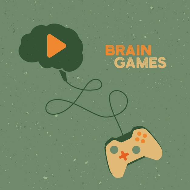 Brain connected to the controller joystick in vintage style Brain games Vector illustration