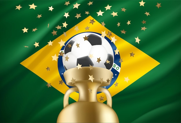 Brasil es el ganador del juego Balón de fútbol con premio dorado y bandera nacional 3d ilustración vectorial